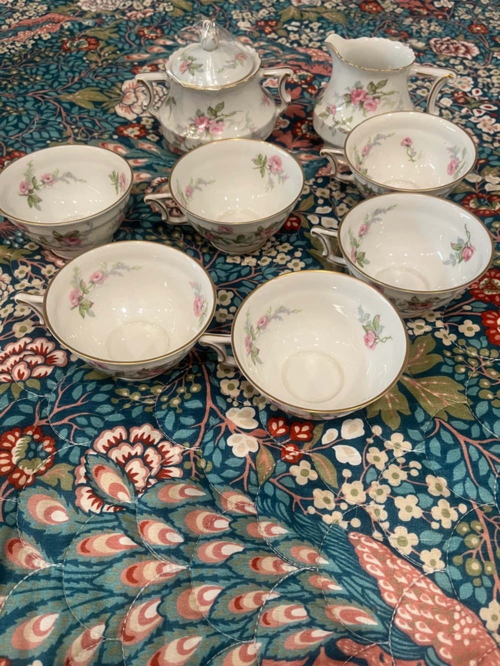 Haviland White Porcelain Tea Cup Set with Pink Rose Accents and Gold Trim